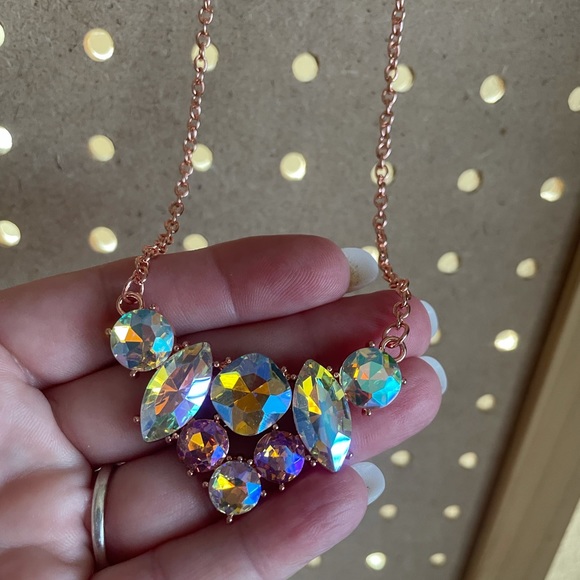 Rose gold short mini statement necklace with geometric shaped oil spill stones.